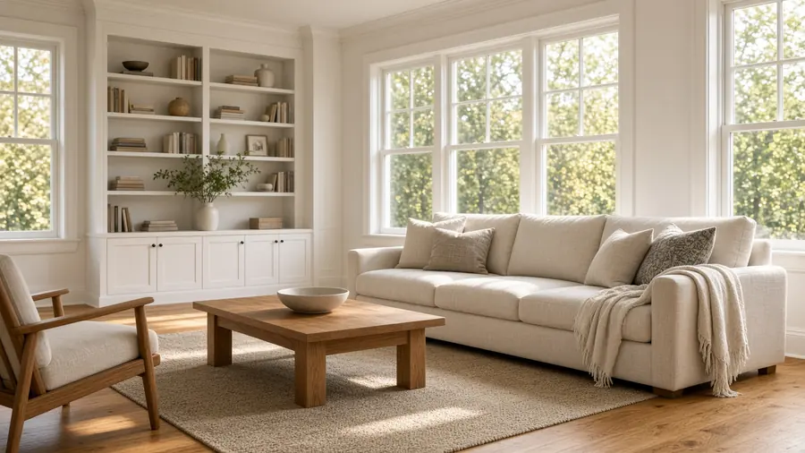 Bright, well-kept living room with linen sofa and hardwood floors after professional house cleaning