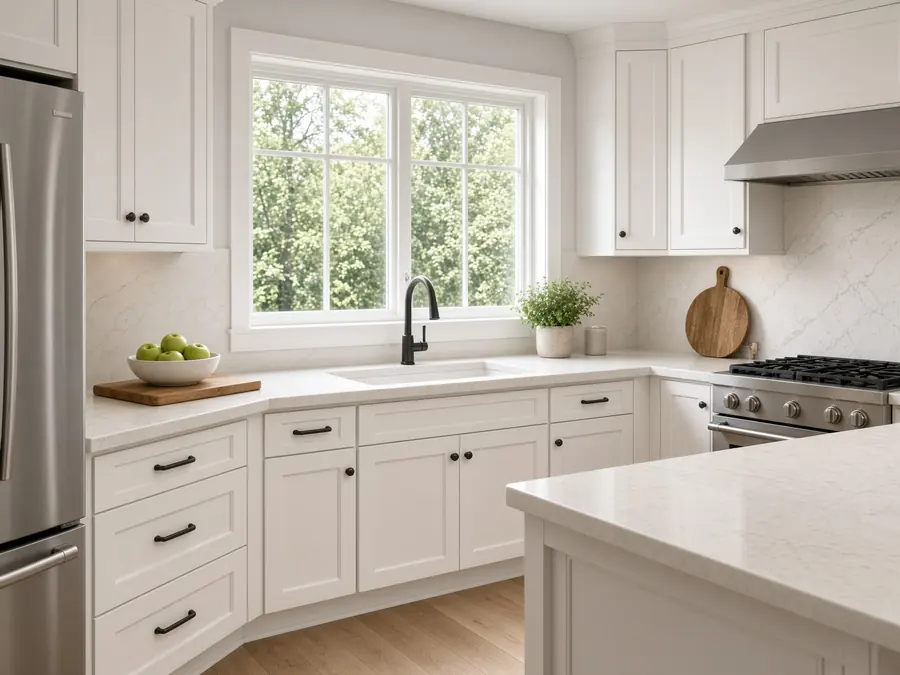 Bright suburban kitchen with white cabinets and stone counters, prepared for a deep house cleaning