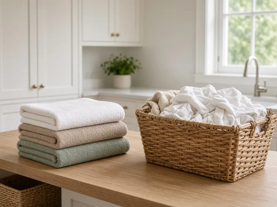 Folded towels and a laundry basket in a bright residential laundry room