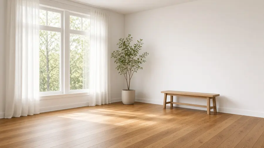 Empty, light-filled living room with hardwood floors prepared for move-in or move-out cleaning