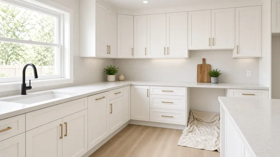 Recently renovated kitchen with new cabinets and stone counters ready for post-construction cleaning