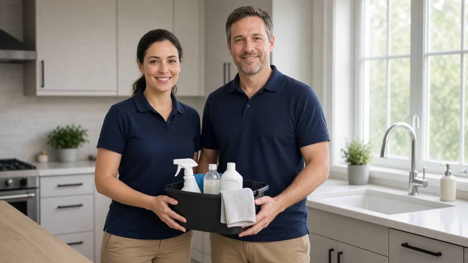 Two professional house cleaners in a bright kitchen